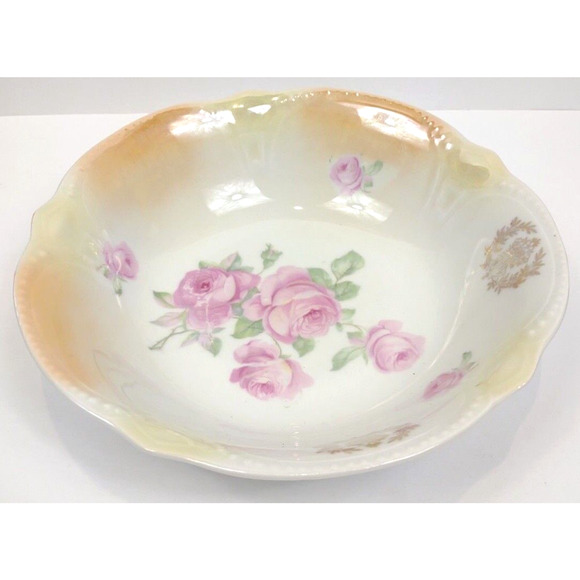 Antique Germany Large 8.5" Porcelain Serving Bowl Scalloped Edge Rose Floral - Picture 7 of 7